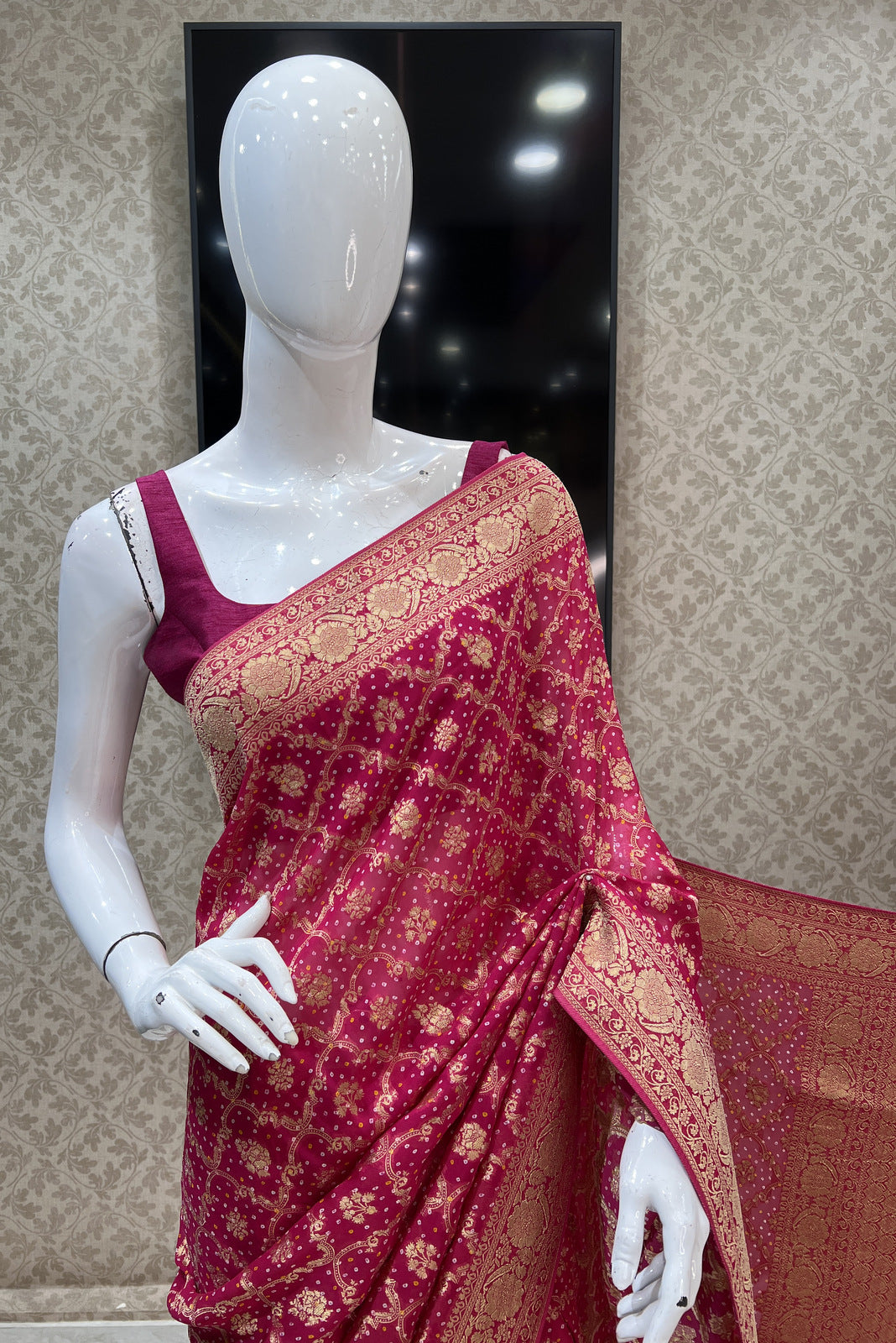 Pink Banaras work with Bandini Print Saree