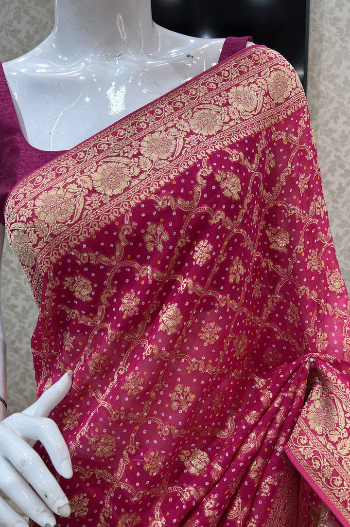 Pink Banaras work with Bandini Print Saree