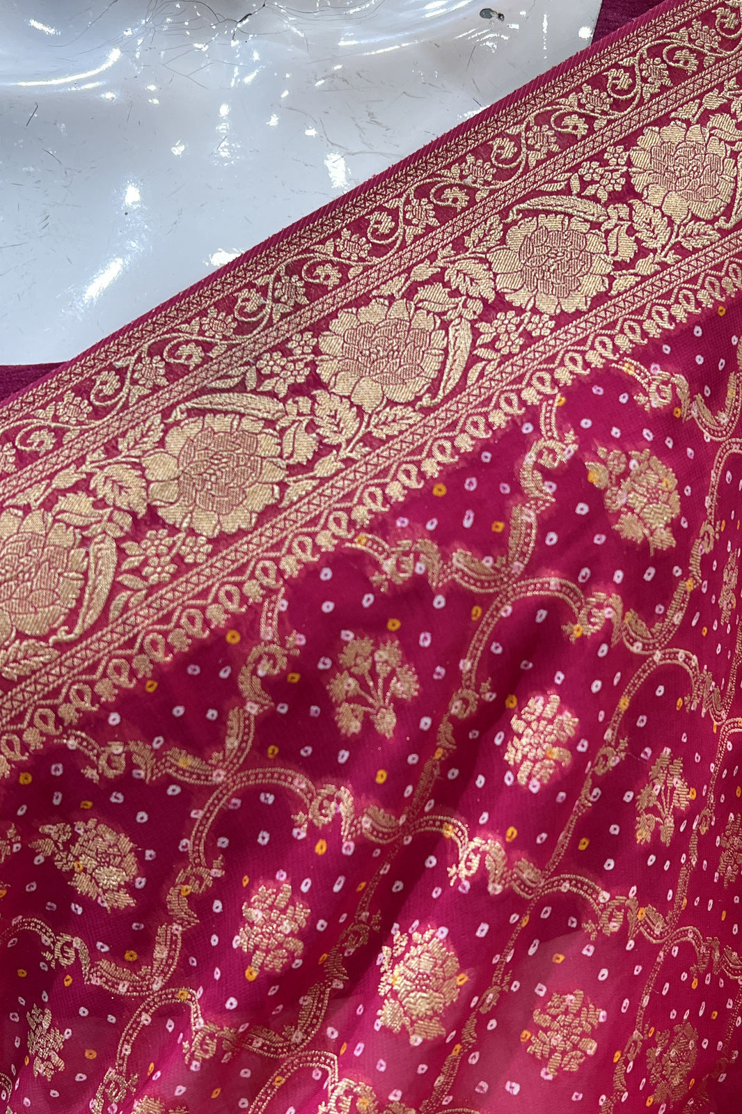 Pink Banaras work with Bandini Print Saree