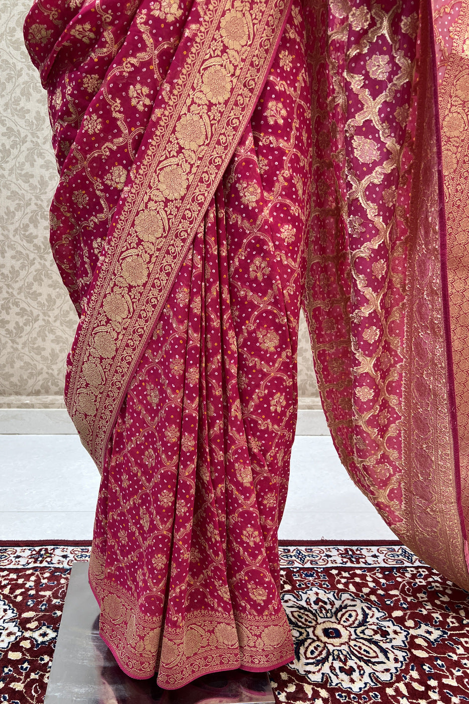 Pink Banaras work with Bandini Print Saree