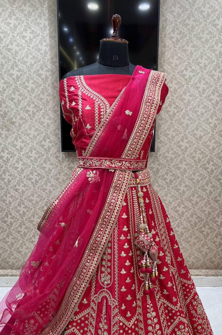 Rani Pink Sequins, Stone and Zari Thread work Semi Stitched Designer Bridal Lehenga