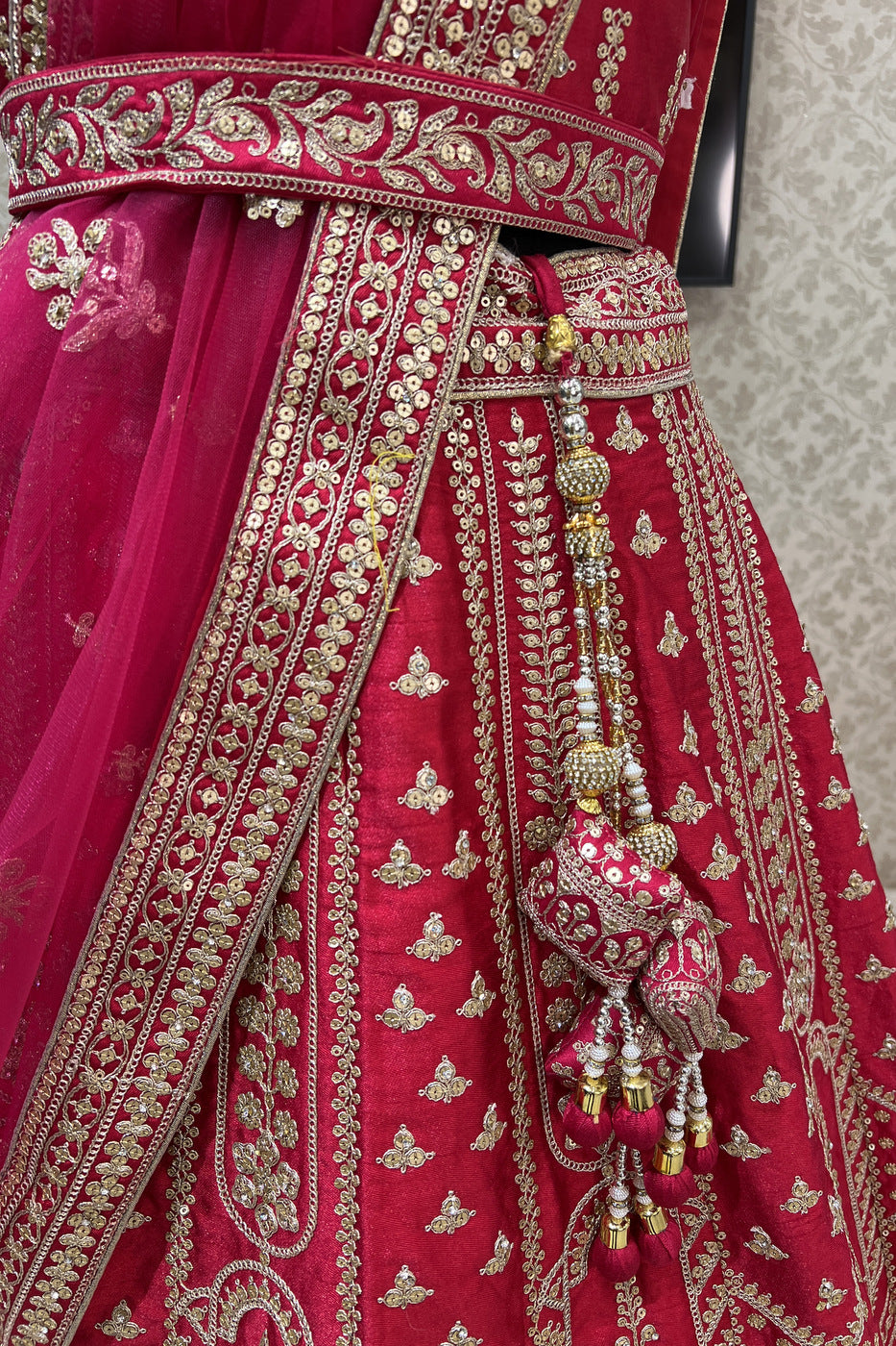 Rani Pink Sequins, Stone and Zari Thread work Semi Stitched Designer Bridal Lehenga