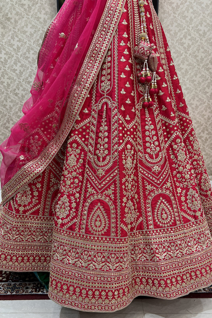 Rani Pink Sequins, Stone and Zari Thread work Semi Stitched Designer Bridal Lehenga