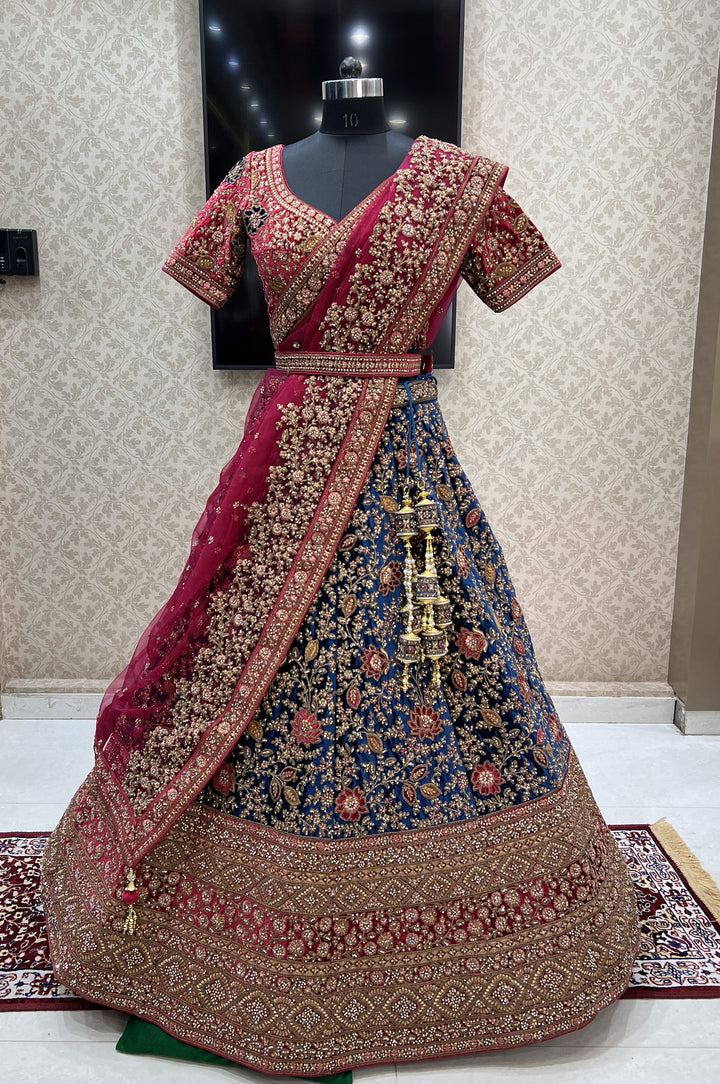 Blue with Maroon Stone, Zari and Applique work Crop Top Designer Bridal Lehenga