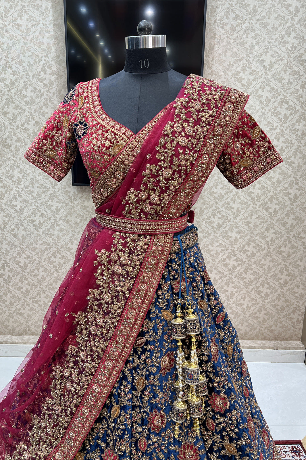 Blue with Maroon Stone, Zari and Applique work Crop Top Designer Bridal Lehenga