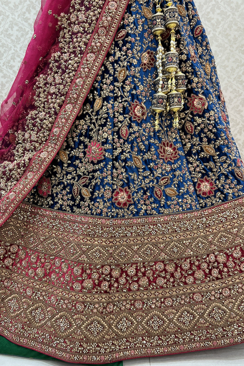 Blue with Maroon Stone, Zari and Applique work Crop Top Designer Bridal Lehenga