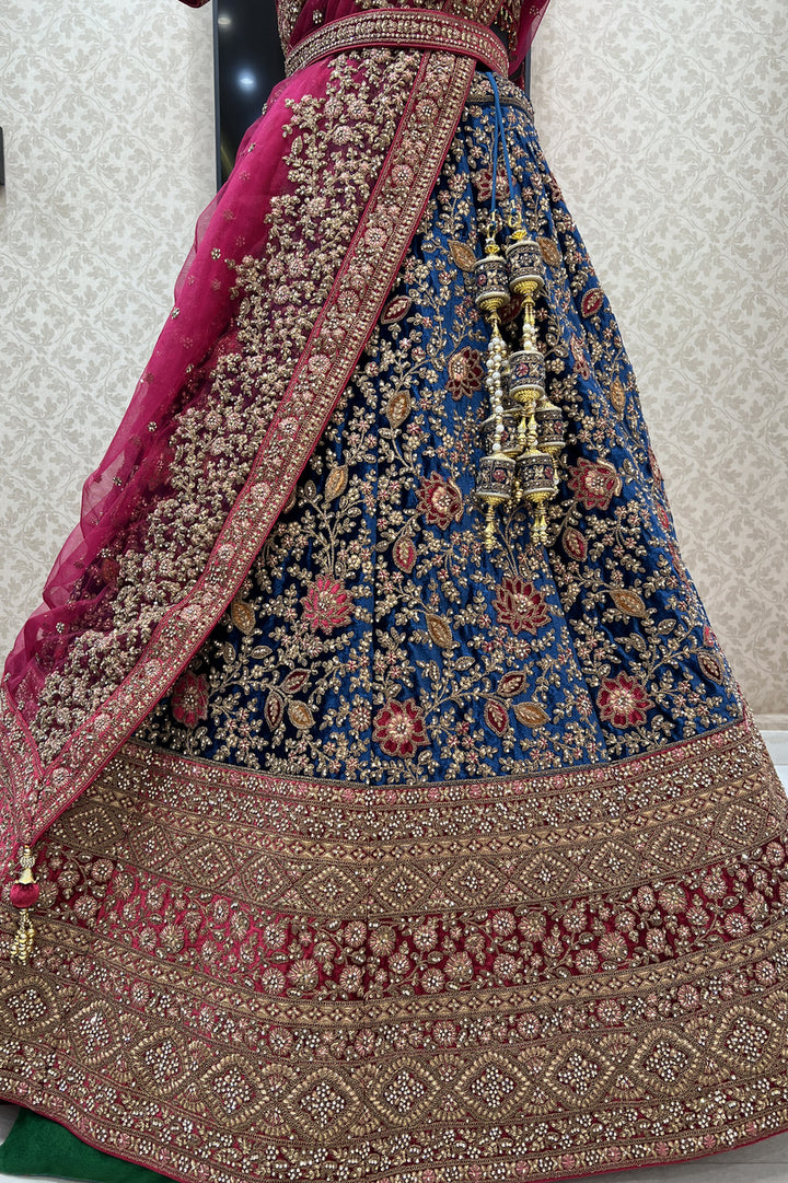 Blue with Maroon Stone, Zari and Applique work Crop Top Designer Bridal Lehenga