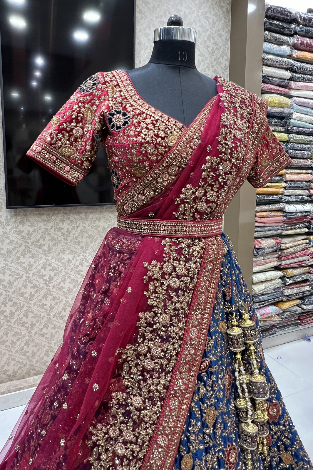 Blue with Maroon Stone, Zari and Applique work Crop Top Designer Bridal Lehenga