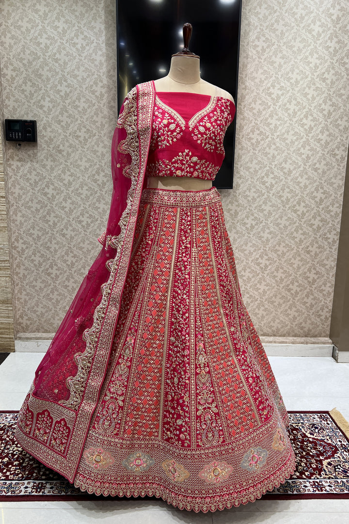 Rani Pink Pearl, Zari and Multicolor Embroidery work Semi Stitched Designer Bridal Lehenga