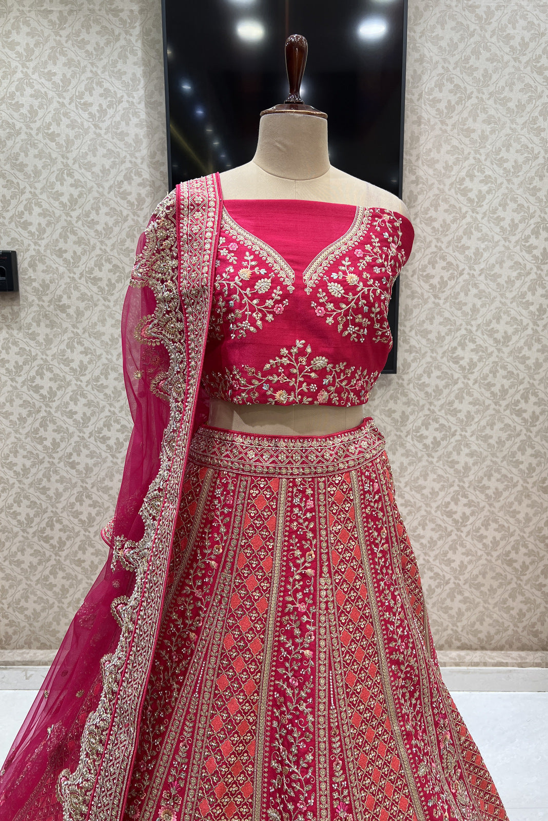 Rani Pink Pearl, Zari and Multicolor Embroidery work Semi Stitched Designer Bridal Lehenga