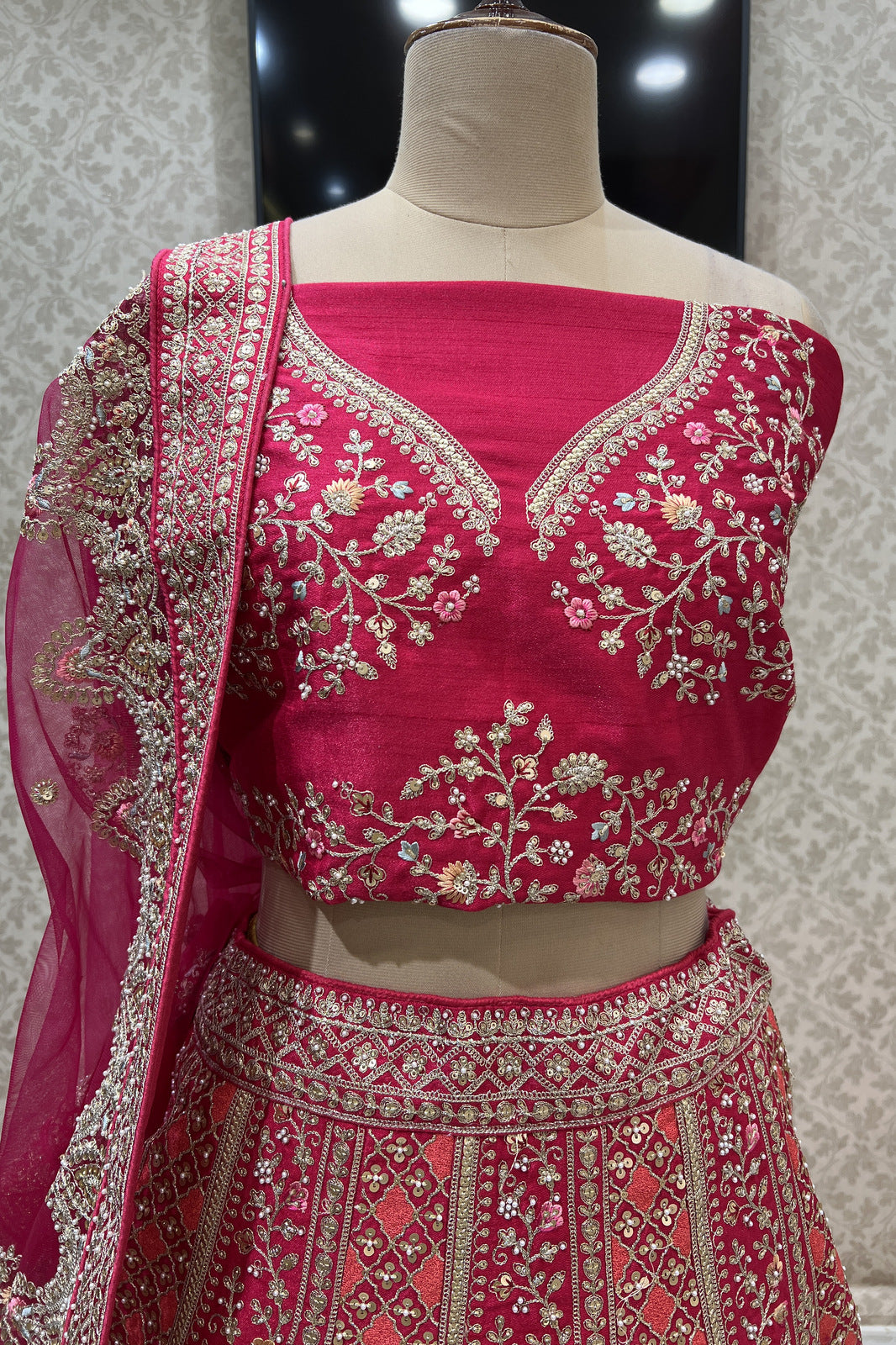 Rani Pink Pearl, Zari and Multicolor Embroidery work Semi Stitched Designer Bridal Lehenga