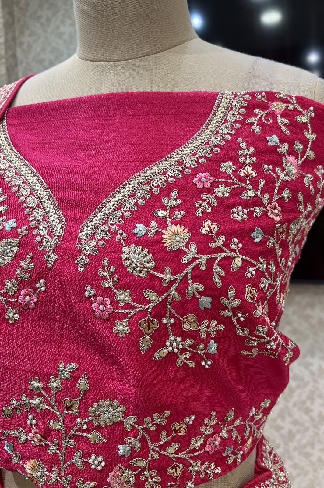 Rani Pink Pearl, Zari and Multicolor Embroidery work Semi Stitched Designer Bridal Lehenga