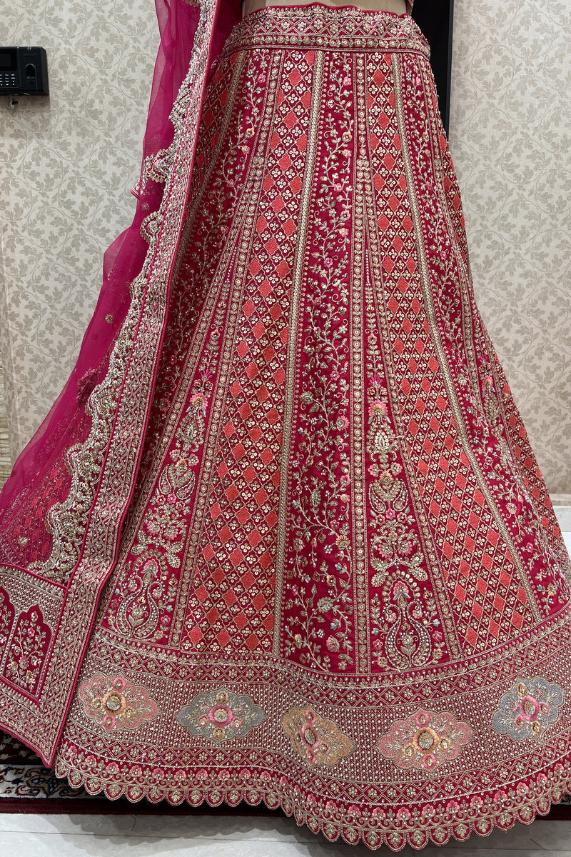 Rani Pink Pearl, Zari and Multicolor Embroidery work Semi Stitched Designer Bridal Lehenga