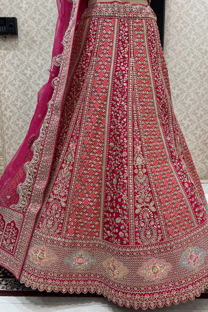 Rani Pink Pearl, Zari and Multicolor Embroidery work Semi Stitched Designer Bridal Lehenga