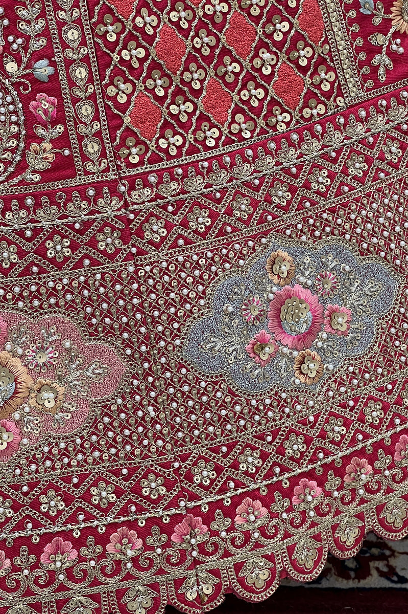 Rani Pink Pearl, Zari and Multicolor Embroidery work Semi Stitched Designer Bridal Lehenga