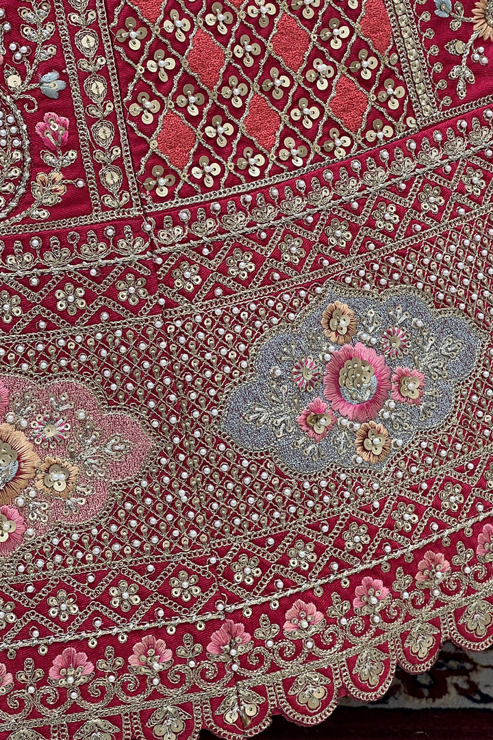 Rani Pink Pearl, Zari and Multicolor Embroidery work Semi Stitched Designer Bridal Lehenga