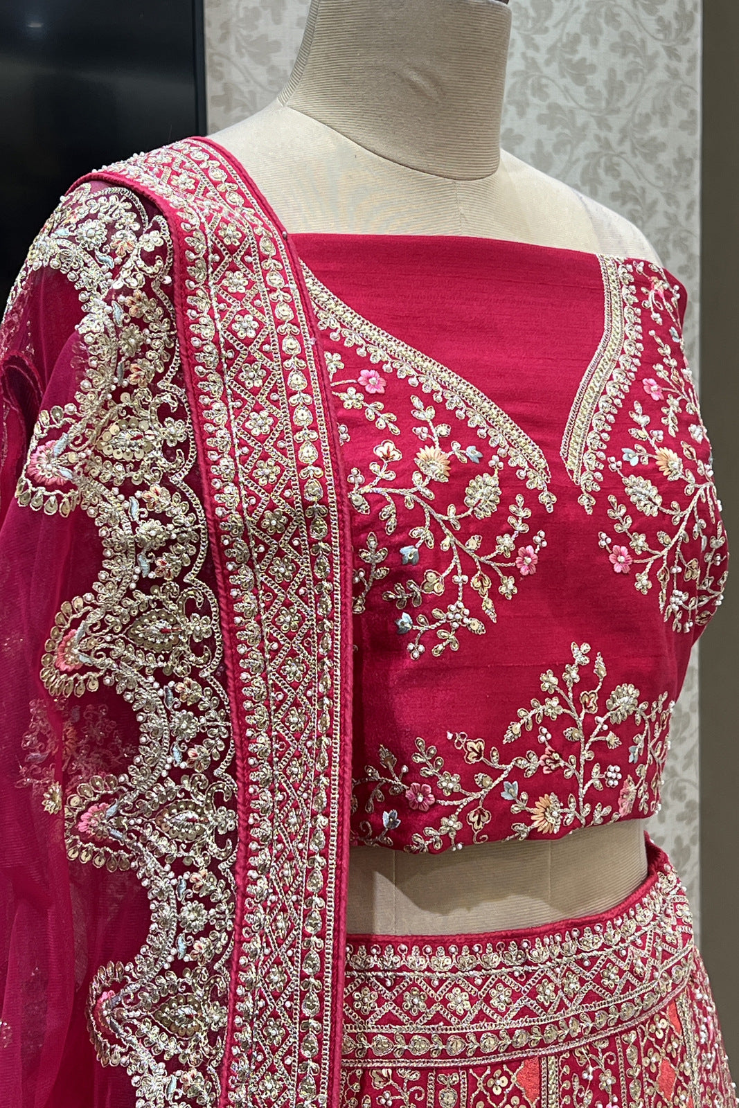 Rani Pink Pearl, Zari and Multicolor Embroidery work Semi Stitched Designer Bridal Lehenga