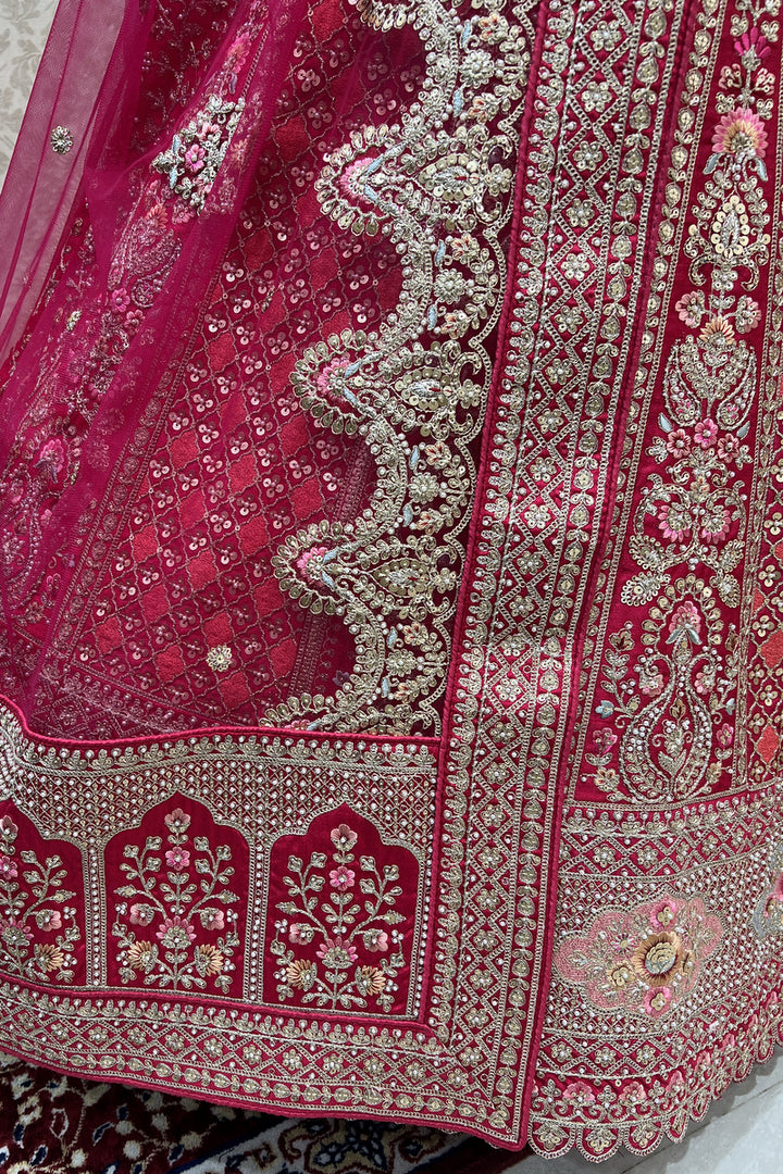 Rani Pink Pearl, Zari and Multicolor Embroidery work Semi Stitched Designer Bridal Lehenga