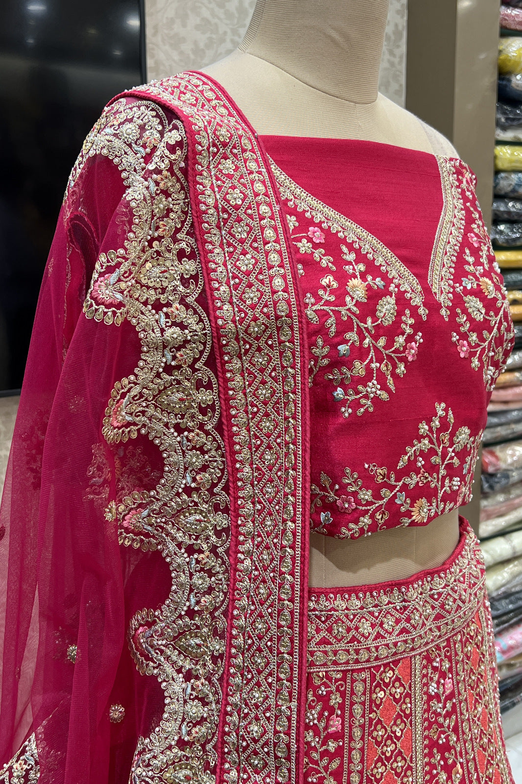 Rani Pink Pearl, Zari and Multicolor Embroidery work Semi Stitched Designer Bridal Lehenga