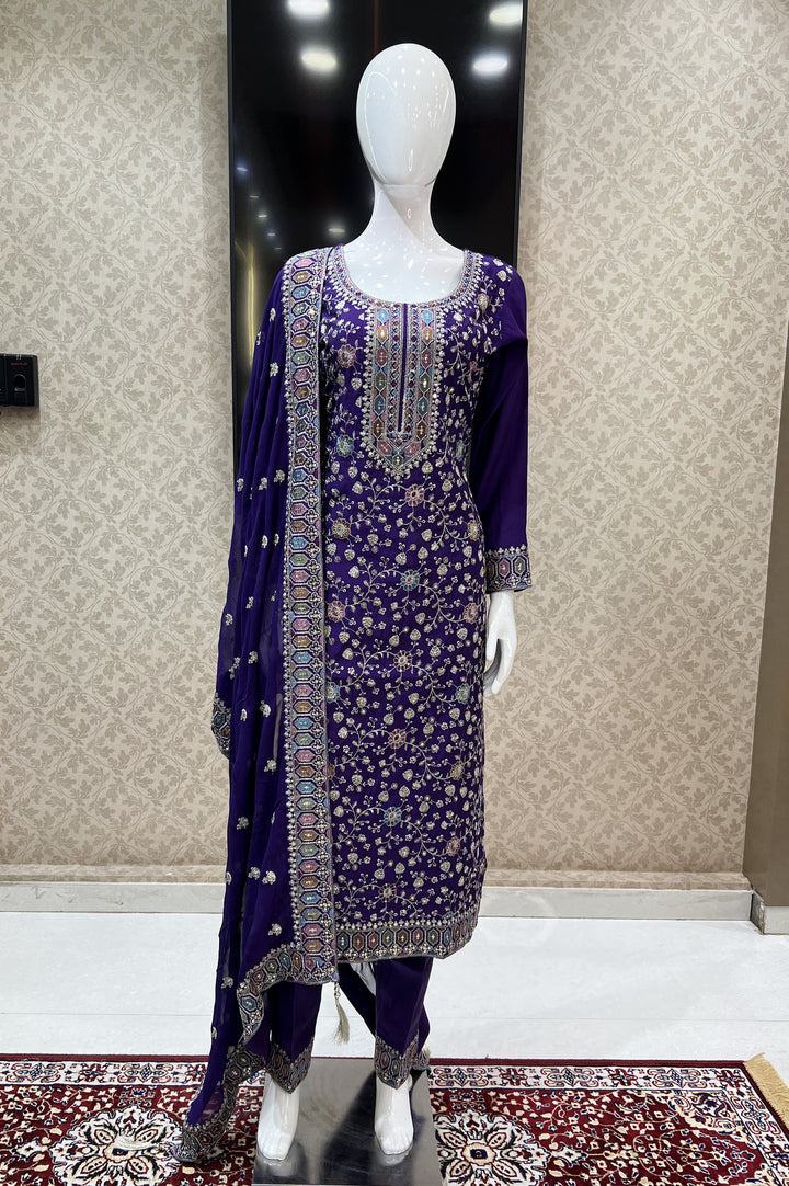 Purple Multicolor Thread, Zari and Sequins work Straight Cut Salwar Suit