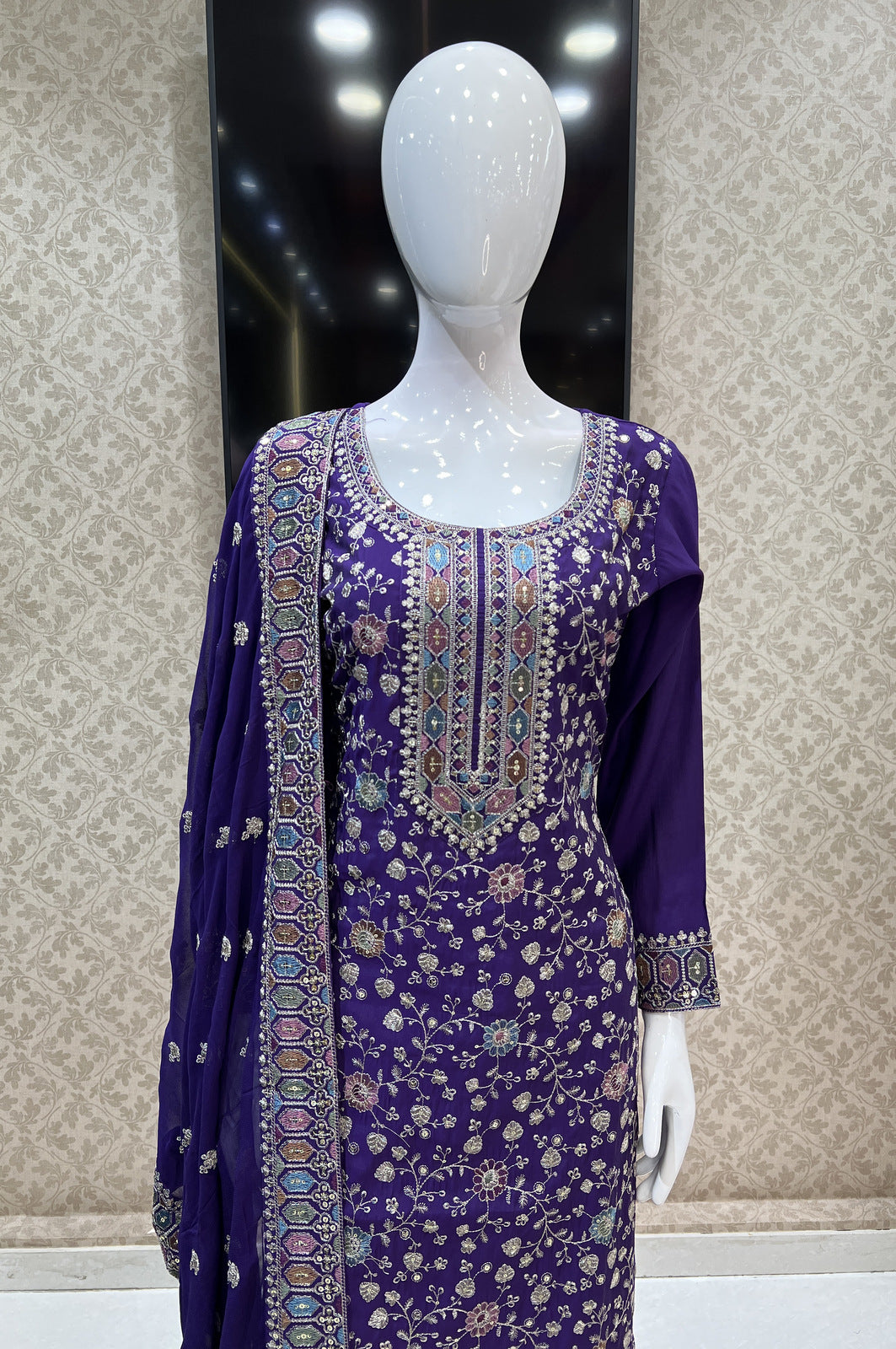 Purple Multicolor Thread, Zari and Sequins work Straight Cut Salwar Suit