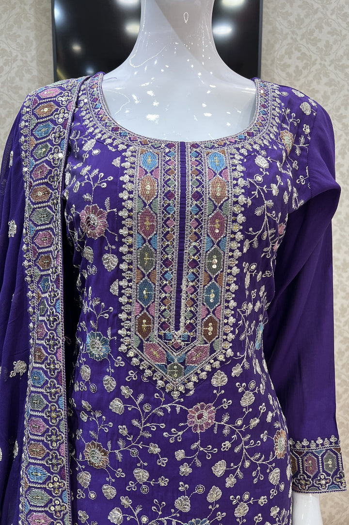 Purple Multicolor Thread, Zari and Sequins work Straight Cut Salwar Suit