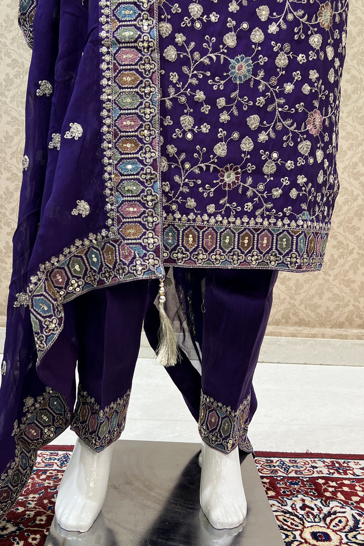 Purple Multicolor Thread, Zari and Sequins work Straight Cut Salwar Suit