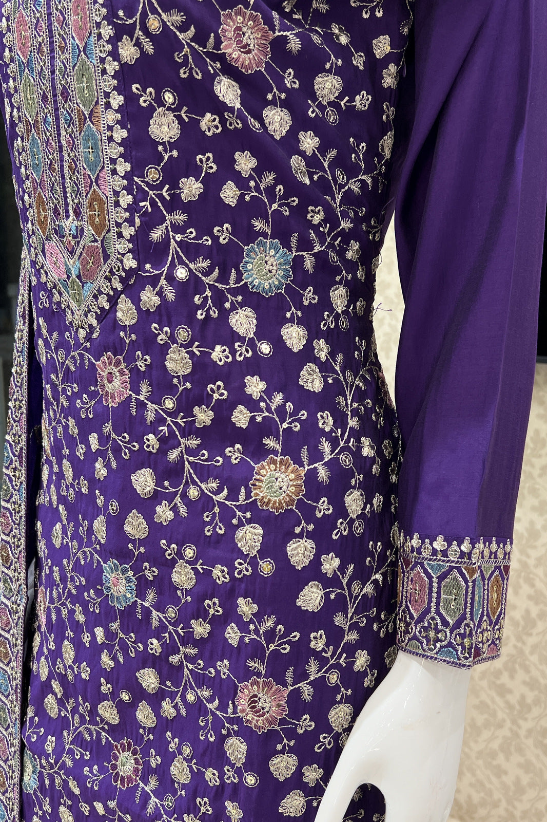 Purple Multicolor Thread, Zari and Sequins work Straight Cut Salwar Suit