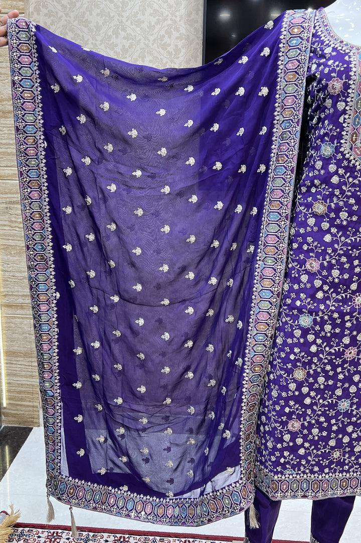 Purple Multicolor Thread, Zari and Sequins work Straight Cut Salwar Suit