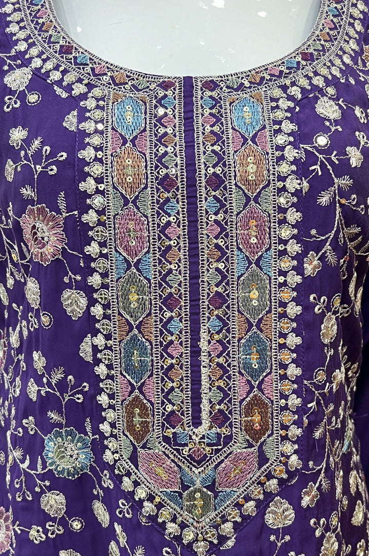 Purple Multicolor Thread, Zari and Sequins work Straight Cut Salwar Suit