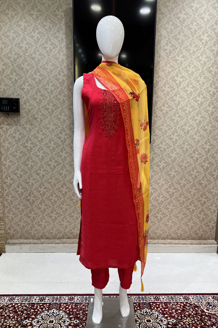 Red Mirror, Stone and Thread work Straight Cut Salwar Suit with Floral Print Dupatta