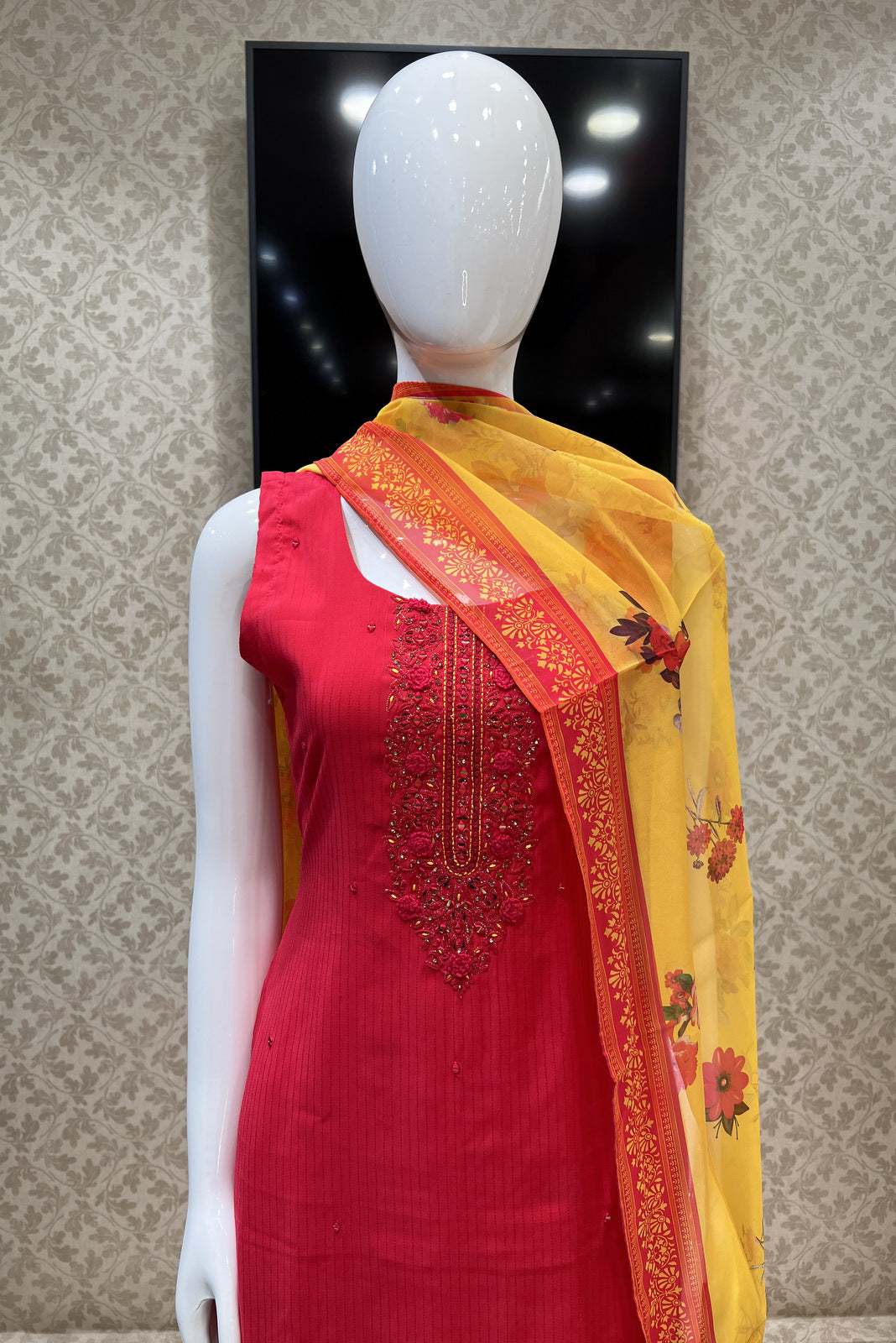 Red Mirror, Stone and Thread work Straight Cut Salwar Suit with Floral Print Dupatta