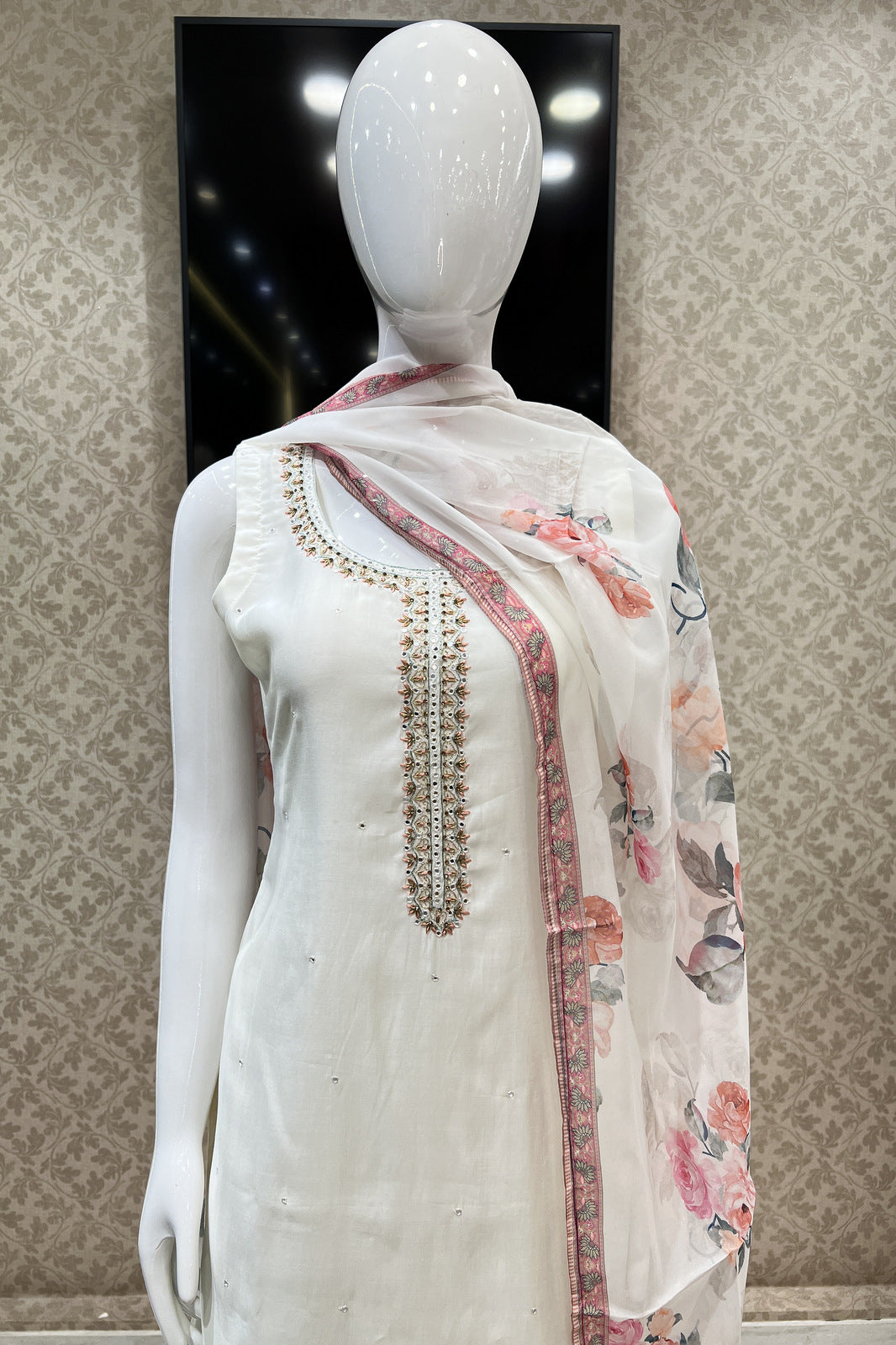 Cream Zari, Stone, Zardozi and Thread work Straight Cut Salwar Suit with Floral Print Dupatta