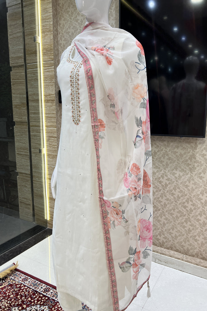 Cream Zari, Stone, Zardozi and Thread work Straight Cut Salwar Suit with Floral Print Dupatta