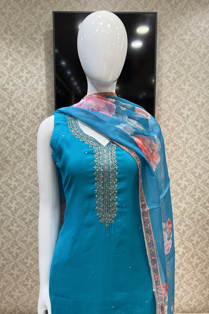 Rama Blue Stone, Zari and Beads work Straight Cut Salwar Suit with Floral Print Dupatta