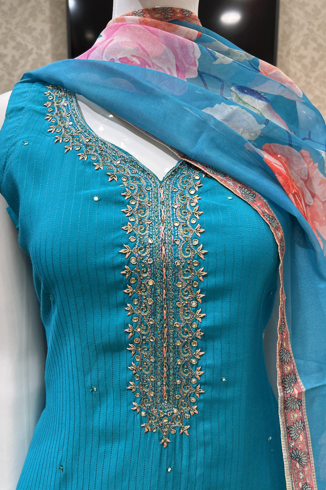 Rama Blue Stone, Zari and Beads work Straight Cut Salwar Suit with Floral Print Dupatta