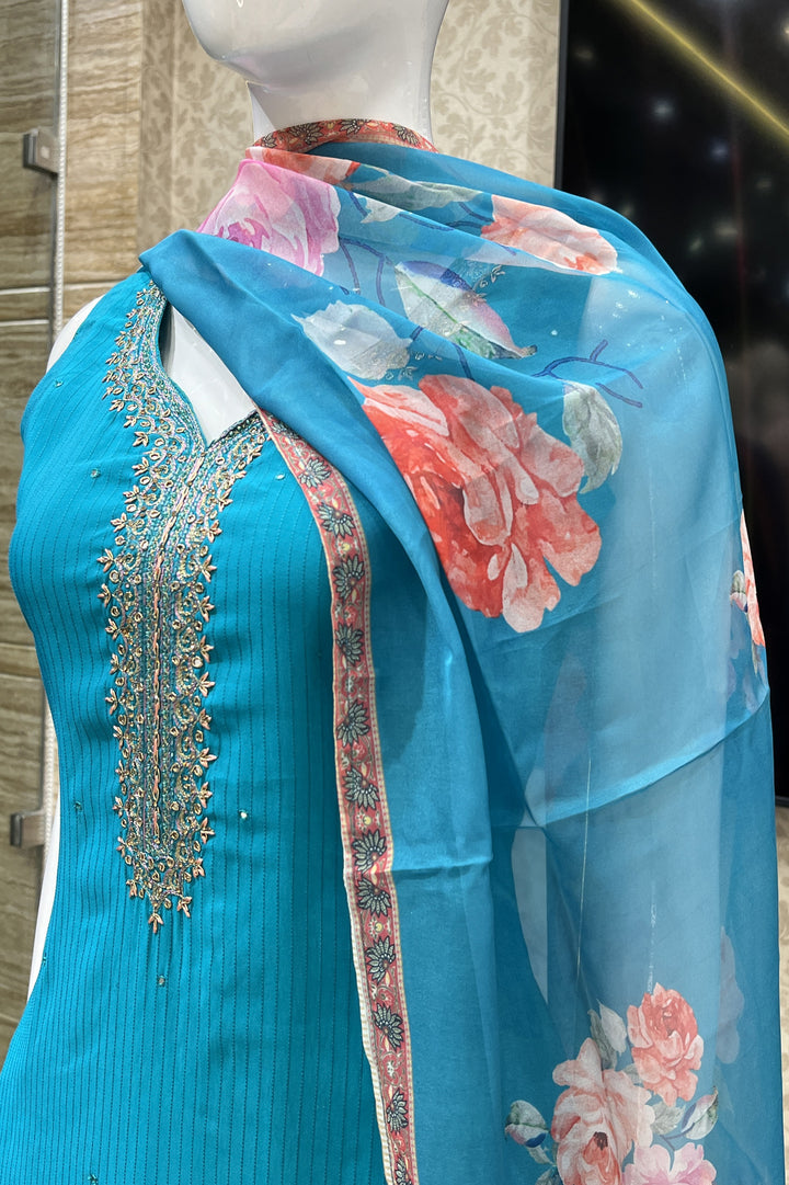 Rama Blue Stone, Zari and Beads work Straight Cut Salwar Suit with Floral Print Dupatta