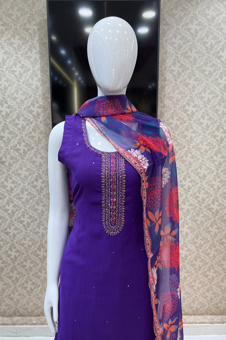 Purple Zari, Stone and Beads work Straight Cut Salwar Suit with Floral Print Dupatta