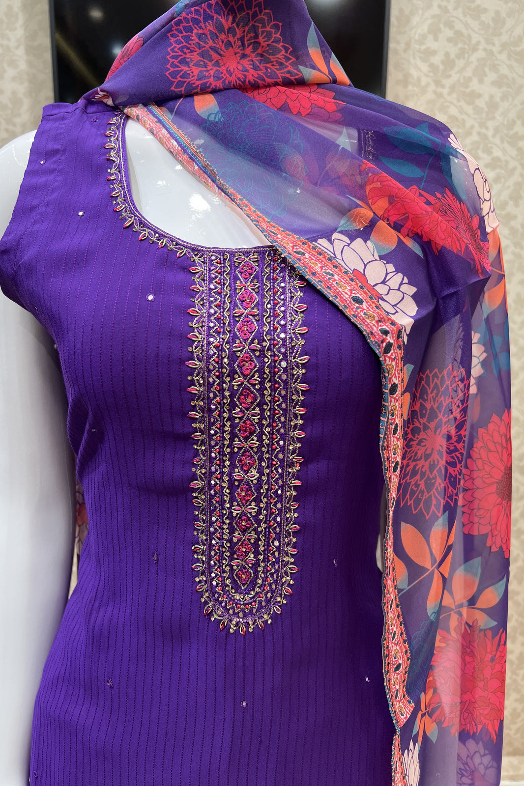 Purple Zari, Stone and Beads work Straight Cut Salwar Suit with Floral Print Dupatta