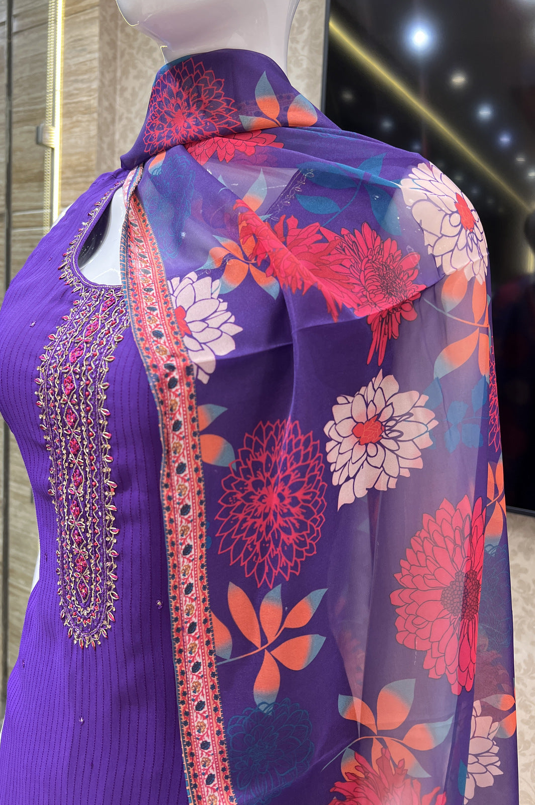 Purple Zari, Stone and Beads work Straight Cut Salwar Suit with Floral Print Dupatta