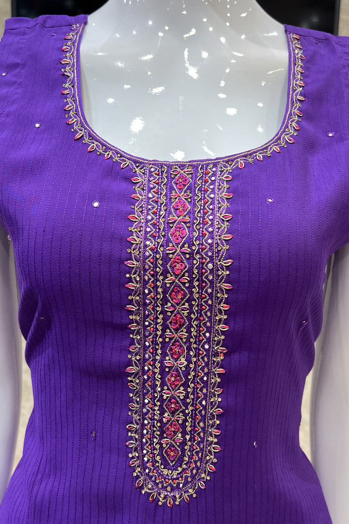 Purple Zari, Stone and Beads work Straight Cut Salwar Suit with Floral Print Dupatta