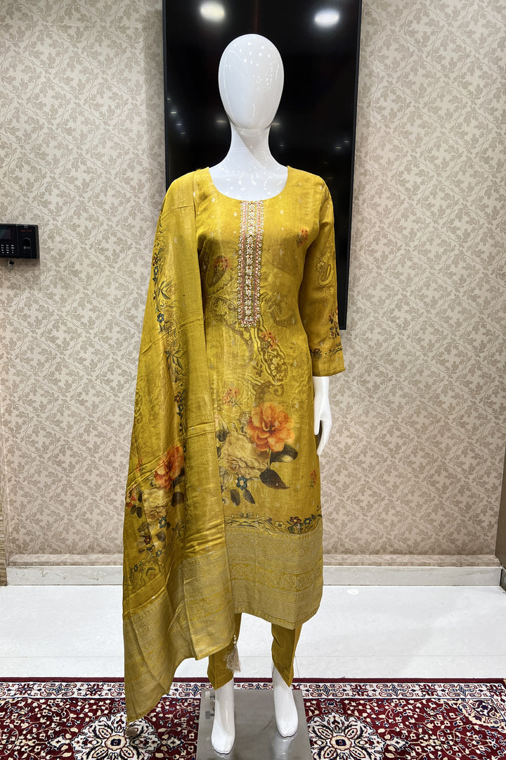 Mustard Banaras and Sequins work Straight Cut Salwar Suit with Floral Print Dupatta