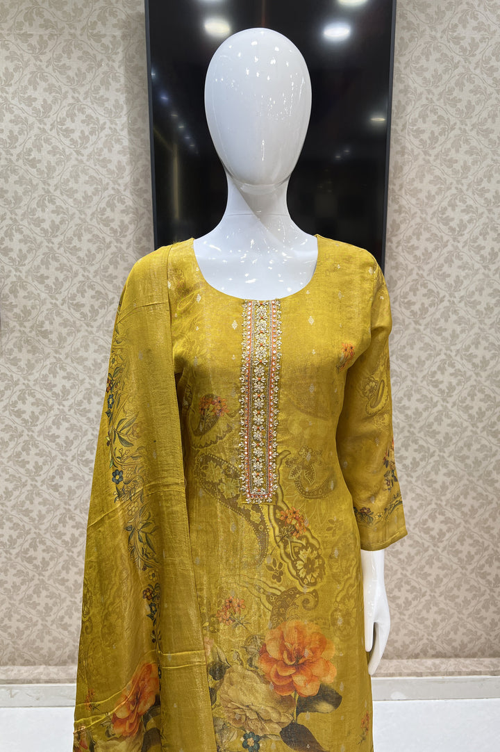 Mustard Banaras and Sequins work Straight Cut Salwar Suit with Floral Print Dupatta