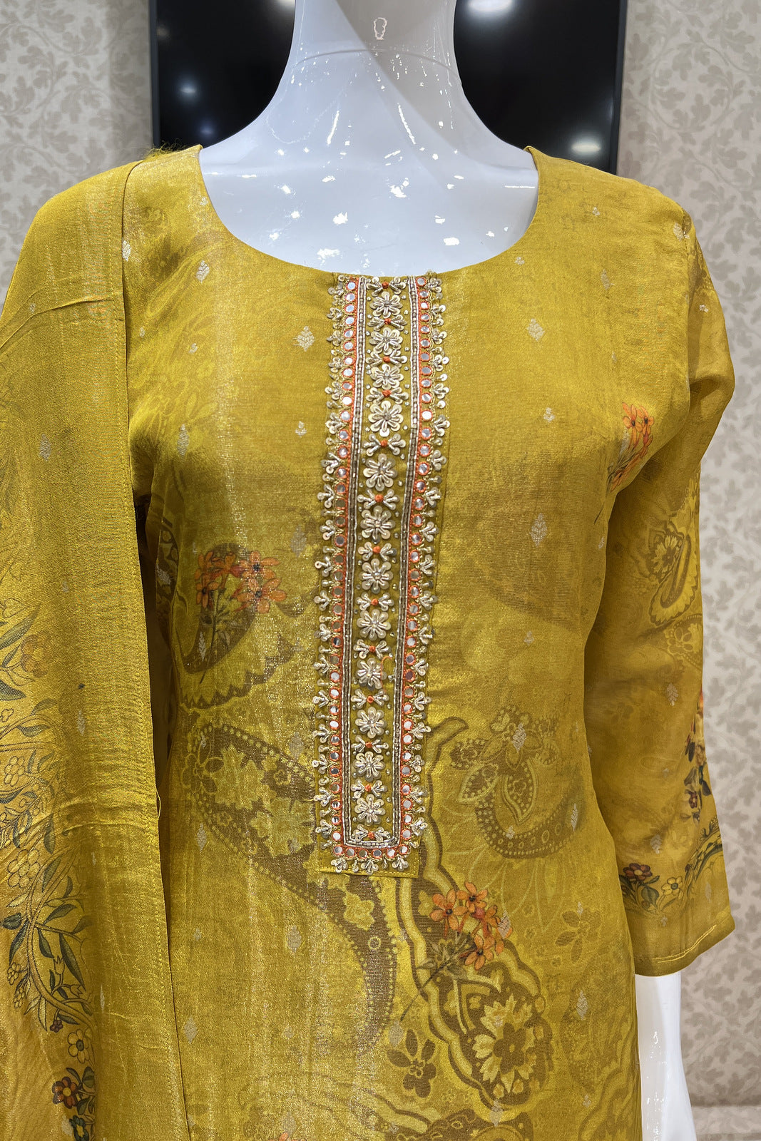 Mustard Banaras and Sequins work Straight Cut Salwar Suit with Floral Print Dupatta