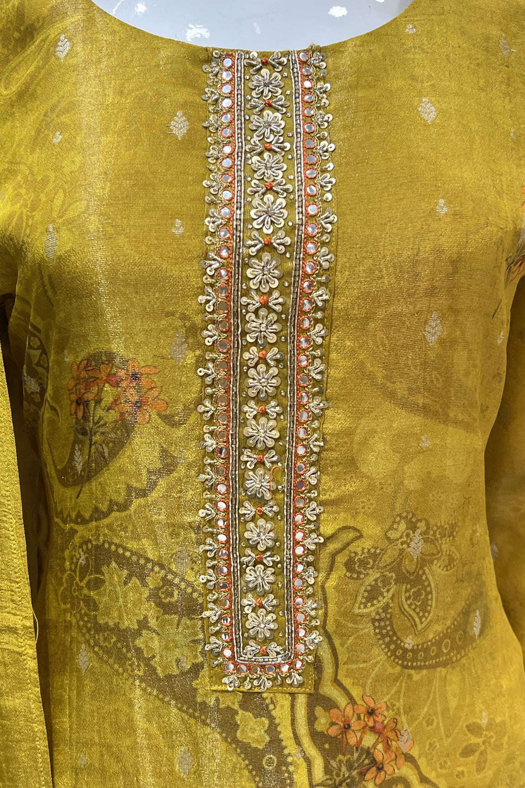 Mustard Banaras and Sequins work Straight Cut Salwar Suit with Floral Print Dupatta