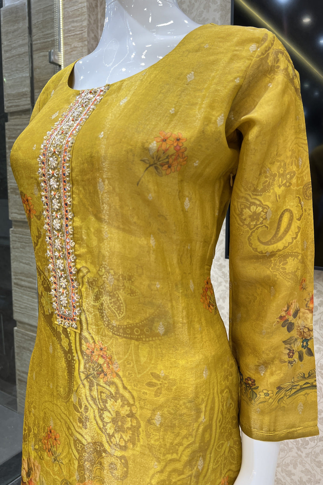 Mustard Banaras and Sequins work Straight Cut Salwar Suit with Floral Print Dupatta