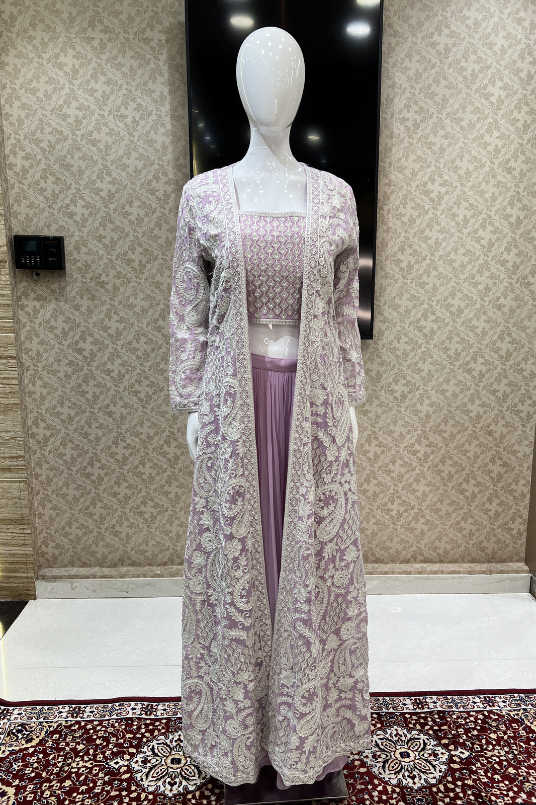 Lavender Sequins, Thread and Zari work Crop Top with Long Over Coat Palazzo Set