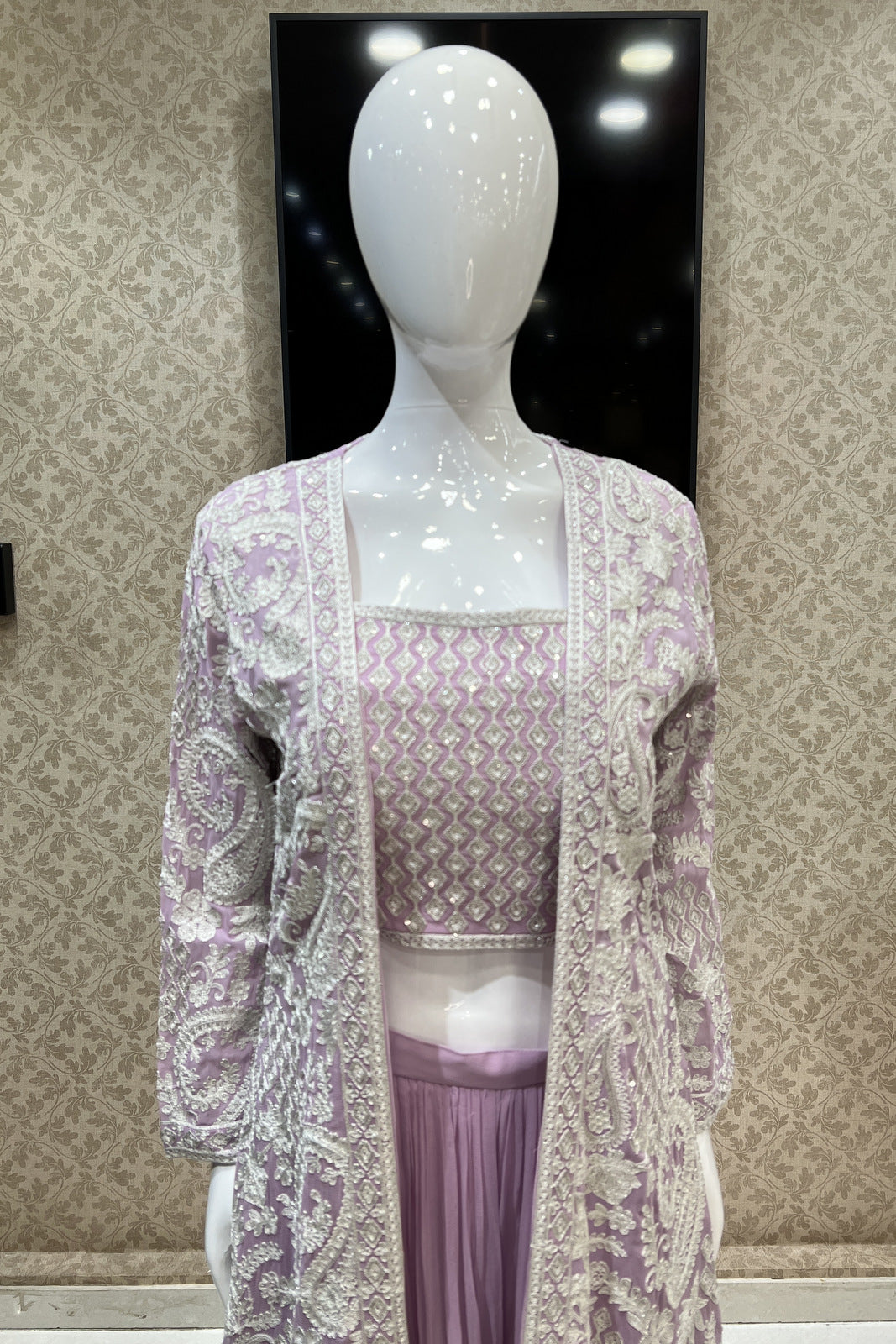 Lavender Sequins, Thread and Zari work Crop Top with Long Over Coat Palazzo Set