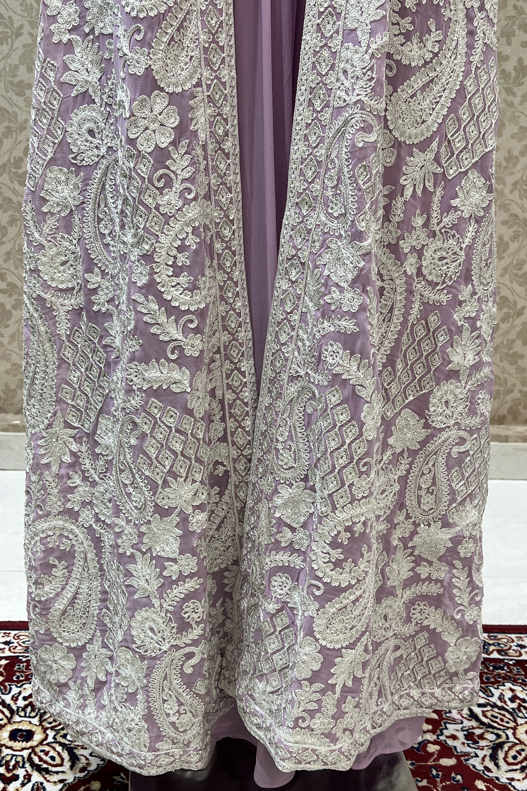 Lavender Sequins, Thread and Zari work Crop Top with Long Over Coat Palazzo Set