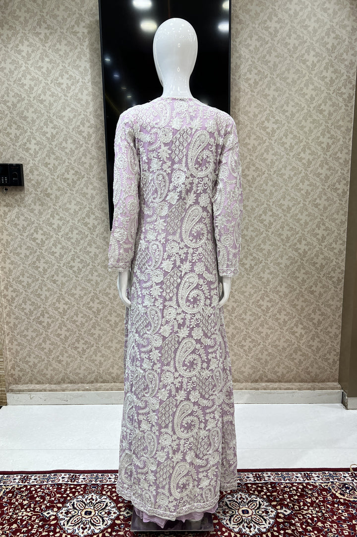 Lavender Sequins, Thread and Zari work Crop Top with Long Over Coat Palazzo Set